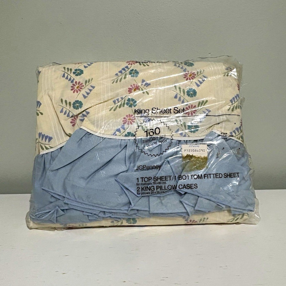 Vintage JCPenney King Sheet Set No-Iron Floral Blue/White 160 TC Ruffle Suzanne